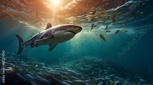 A shark swimming under a coral reef with fish swimming under it wildlife survival with water background 