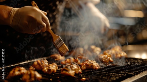 A chef brushing marinade onto chicken pieces on a hot grill, with the chicken sizzling and emitting steam