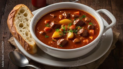 Hot goulash soup. Typical Hungarian goulash soup with baguette