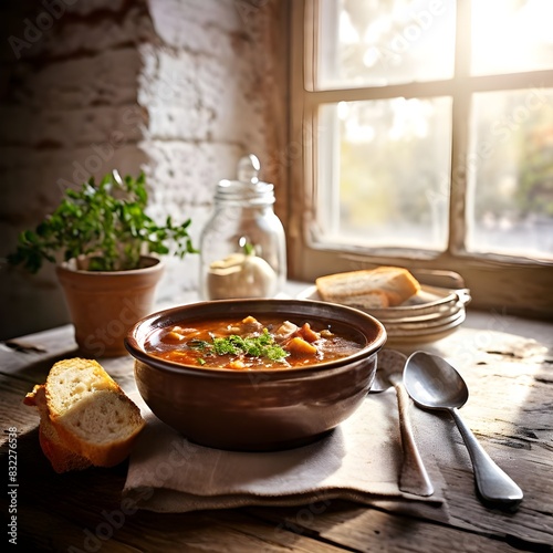 Hot goulash soup. Typical Hungarian goulash soup with baguette