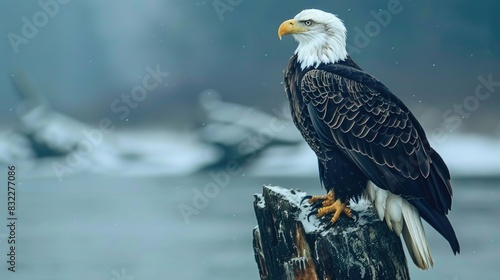 Stunning and powerful bald eagle perched on a tree trunk