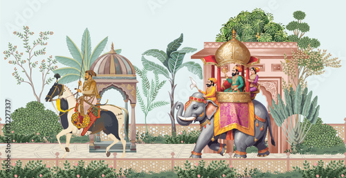 Traditional Mughal emperor and queen riding an elephant, with a horse caravan. Illustration framed in a decorative pattern for wallpaper.