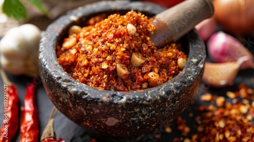 A close-up of a mortar and pestle filled with freshly ground Thai chili paste, surrounded by garlic and shallots
