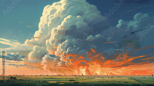 Wide landscape with massive towering clouds over a countryside at sunset. Background for poster, banner, wallpaper, header.