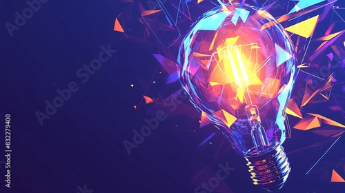 Shattered lightbulb radiates vibrant colors, representing innovation and creative solutions. Ideal for business and tech concepts