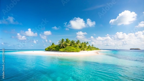 Sand spit of a tropical island stretching into the distance. Beautiful sunny summer landscape with white sand beach.
