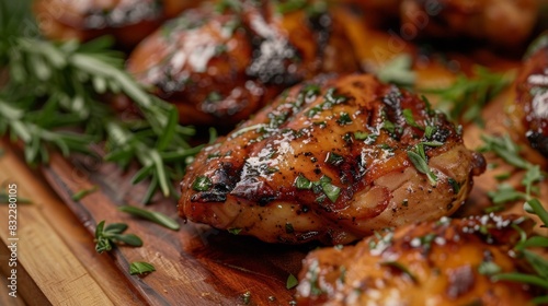 A close-up of grilled chicken thighs with perfectly crispy skin, served on a wooden board with fresh herbs
