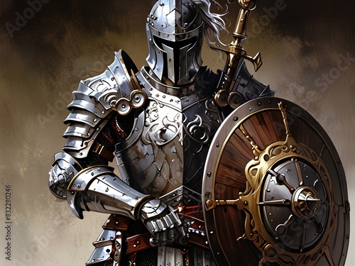 A great warrior knight, his armor weathered but shining with hints of ancient battles fought and won.