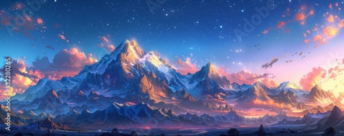 A serene, snow-capped mountain range under a clear, starry night sky. The epic adventures and dramatic scenery are portrayed through simple, clean lines and a limited color palette, focusing on the