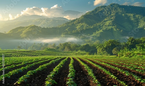 Field of organic growing in a sustainable farm with beautiful mountains in morning