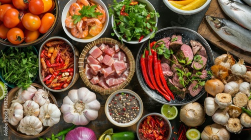 A colorful spread of ingredients for Thai BBQ, including marinated meats, seafood, and fresh vegetables