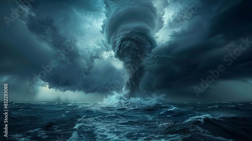 Furious ocean storm with towering water spout and dark ominous clouds
