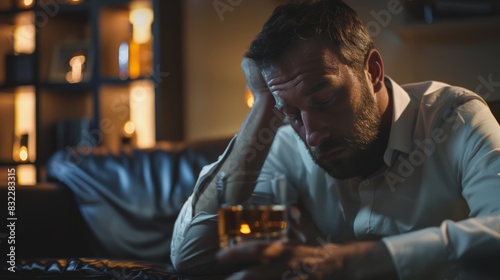 Depressed young man addicted feeling bad drinking whiskey alone at home, stressed frustrated lonely drinking alcohol suffers from problematic liquor, alcoholism, life and family problems