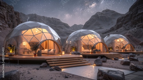 Luxurious geodesic dome tents for desert camping under a mesmerizing starlit twilight sky