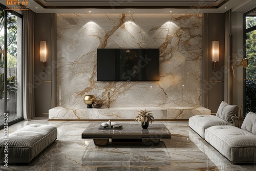 Elegant living room with marble walls, luxurious decor, neutral tones, sophisticated ambiance, modern design, high end interior