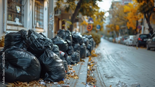 Urban street cluttered with black garbage bags highlighting waste issue