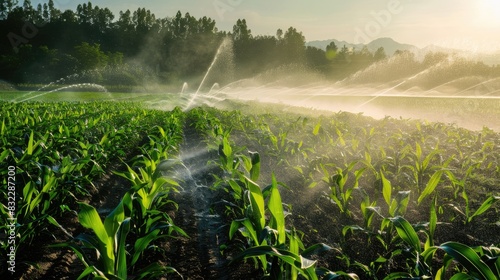 Spring corn field with water irrigation system and sprinklers watering plants