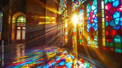 Sunlight streaming through stained glass window