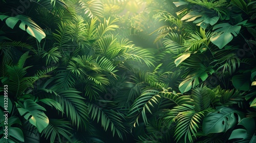 A digital illustration of a tropical forest, with dense foliage and vibrant green leaves. The minimalist style emphasizes the lush vegetation and the peacefulness of the natural environment.