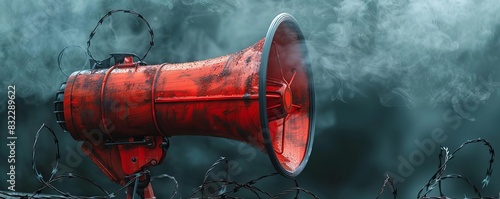 Red megaphone with barbed wire, on a dark background with smoke effects, leaving space for text