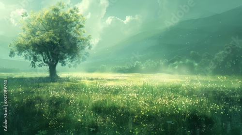 A serene depiction of a verdant field, with various shades of green and a tranquil atmosphere. The minimalist digital artwork highlights the natural beauty and richness of the vegetation.