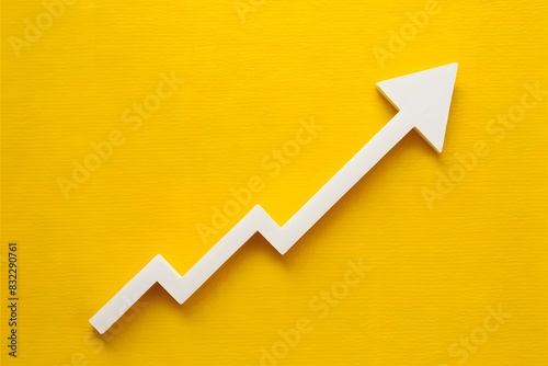 Graphical representation of growth with upward arrow on bright yellow background, indicating rising trend