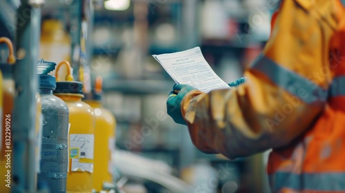 An employee inspects a dangerous chemical document in the storage area of a factory, taking safety precautions.