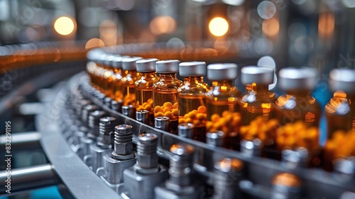 Cutting-edge, contemporary pharmaceutical facility producing medical ampoules on a conveyor belt with rows of glass vials and orange lids, creating vaccines and medications.