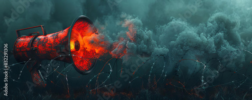 Red megaphone with barbed wire, on a dark background with smoke effects, leaving space for text