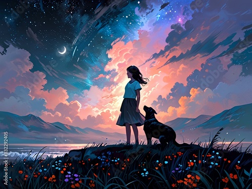 Under the starlit moonlight, a little girl and her loyal dog stand against the shadow of the night sky. The girl's raven hair flows in the gentle breeze as she looks up in wonder