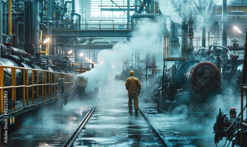 Workers in a power plant wear protective equipment Surrounded by machinery and steam
