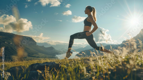 Full-length shot of a fit young woman outdoors, performing a deep lunge stretch on a sunny day, showcasing her flexibility and strength against a scenic backdrop.