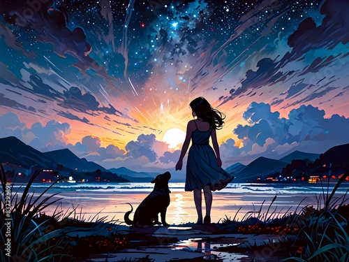 Under the starlit moonlight, a little girl and her loyal dog stand against the shadow of the night sky. The girl's raven hair flows in the gentle breeze as she looks up in wonder