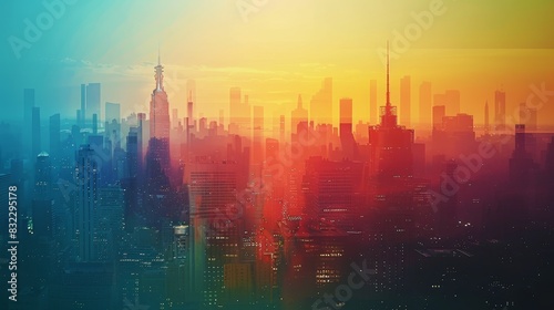 Dynamic time-lapse, city skyline, day to night, close up, focus on, copy space, vibrant colors, Double exposure silhouette with buildings