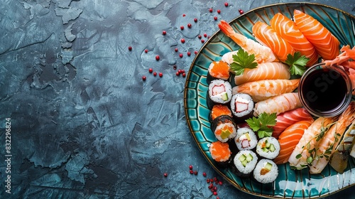 various type of sushi on a plate with copy space
