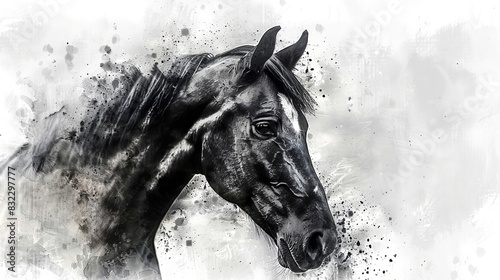 Black horse portrait in watercolor style on a white background. Concept of animal art, equine beauty, watercolor illustration, and abstract design