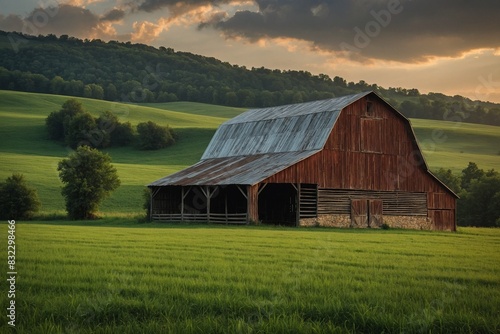 Old barn in the field with rolling green Kentucky hills in the background