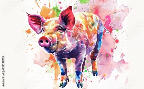 Watercolor art of a colorful pig on an aquarelle background. Vibrant animal illustration. Concept of nature, wildlife painting, artistic design, creative expression
