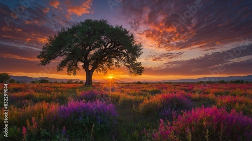 Serene sunset captured, with sun dipping below horizon, casting warm glow across field of vibrant purple wildflowers. Solitary, majestic tree stands in foreground.