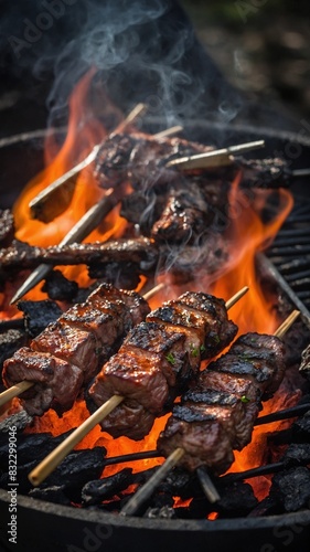 Chunks of meat find themselves skewered, subjected to heat of open flame. Smoke ascends from glowing embers, testament to intense heat below. Meat sizzles.