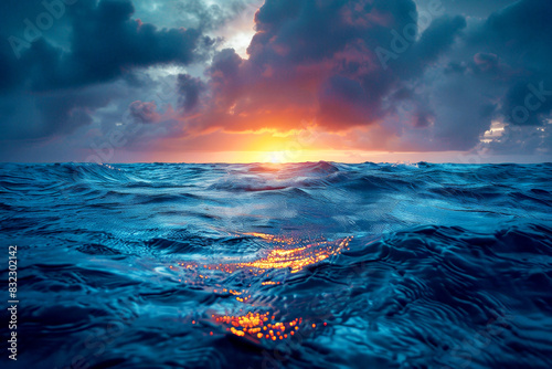 Mesmerizing ocean view at sunset with dramatic clouds.