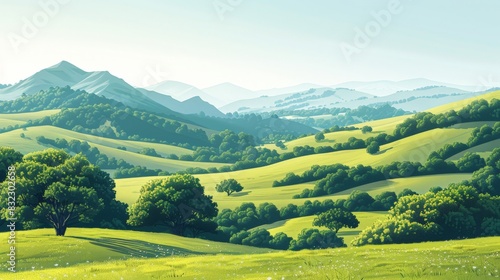 An illustration of countryside hills, featuring gentle slopes and lush greenery. The minimalist approach uses clean lines and simple shapes to convey the peacefulness of the rural setting. The clear
