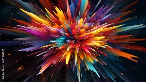 Vibrant explosion of colors radiating from a central point, creating a dynamic abstract image resembling a digital firework display on a dark background