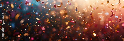 Vibrant festive New Year pattern background with fireworks and confetti in a detailed view, Created with Generative AI.