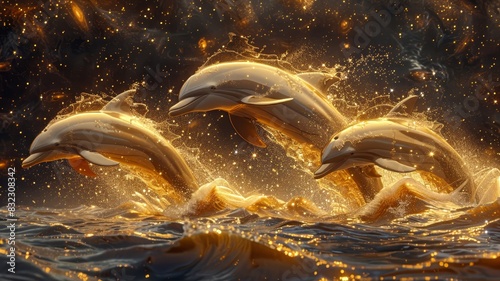 Group of Dolphins Jumping Out of the Water