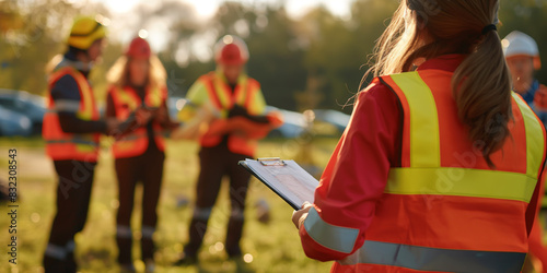 Woman in a safety vest with a clipboard oversees a group of colleagues chatting in the sunlight