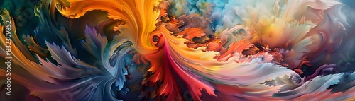 Colorful abstract painting with swirling vibrant shades of red, orange, blue, and yellow, creating a dynamic and energetic composition.