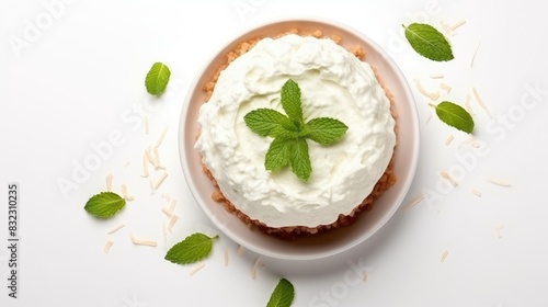 Top view of coconut cream pie garnished with mint leaves on white background with copy space
