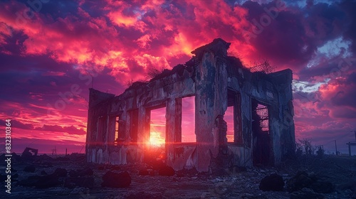 Crumbling structure under vivid sunset portraying decay and beauty