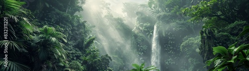 Lush green rainforest with a beautiful waterfall cascading down, surrounded by dense foliage and rays of sunlight piercing through the forest.